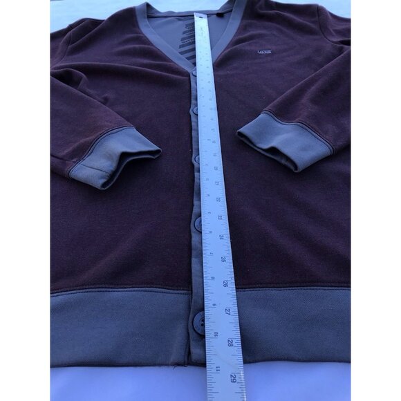 VANS Poly Cotton Button Up Cardigan Sweater Maroon Gray Men’s L Retro Jacket EUC - Picture 9 of 14